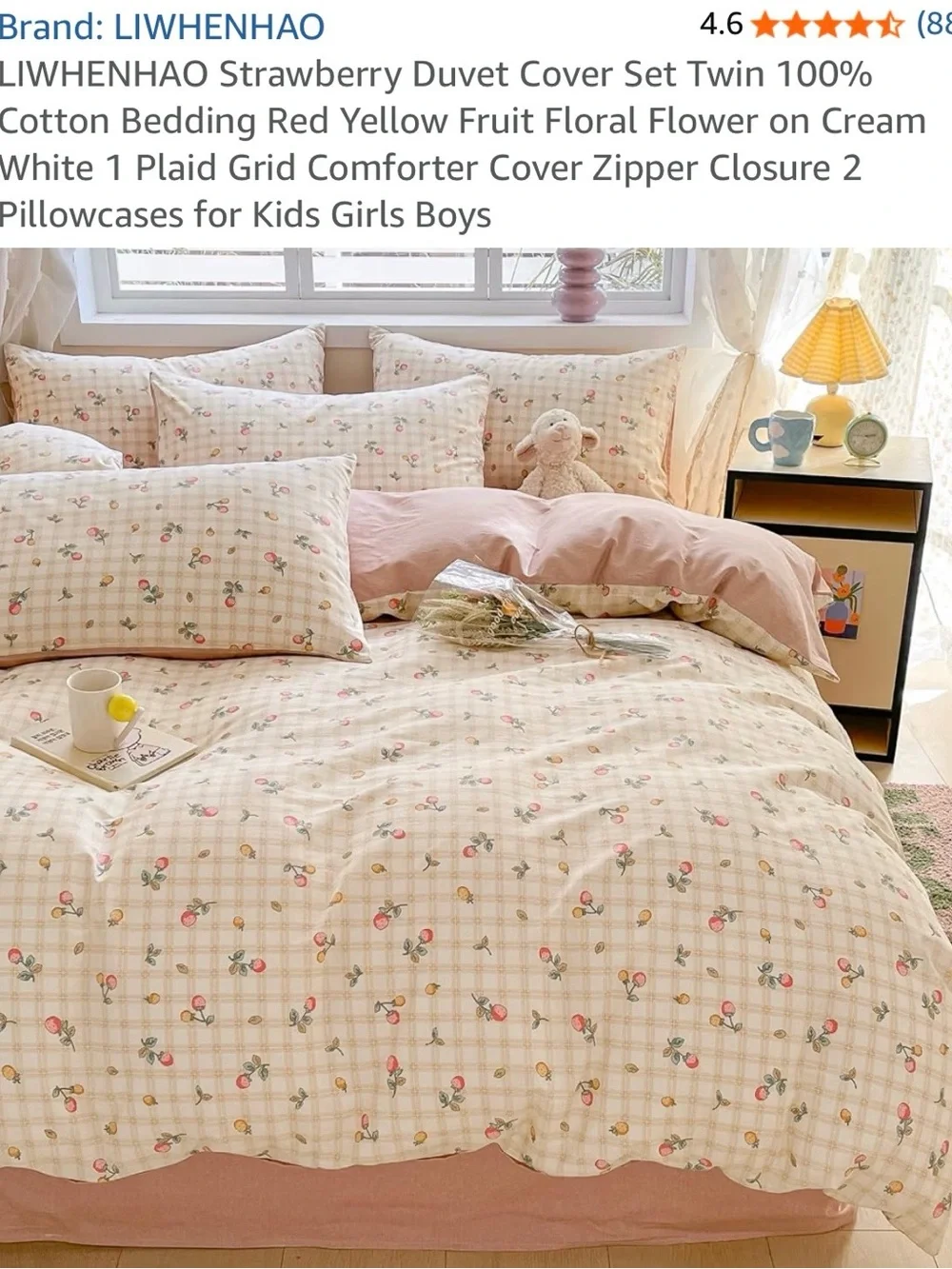 Floral Cotton Quilted Twin Comforter Set in Cream and Pink Strawberries